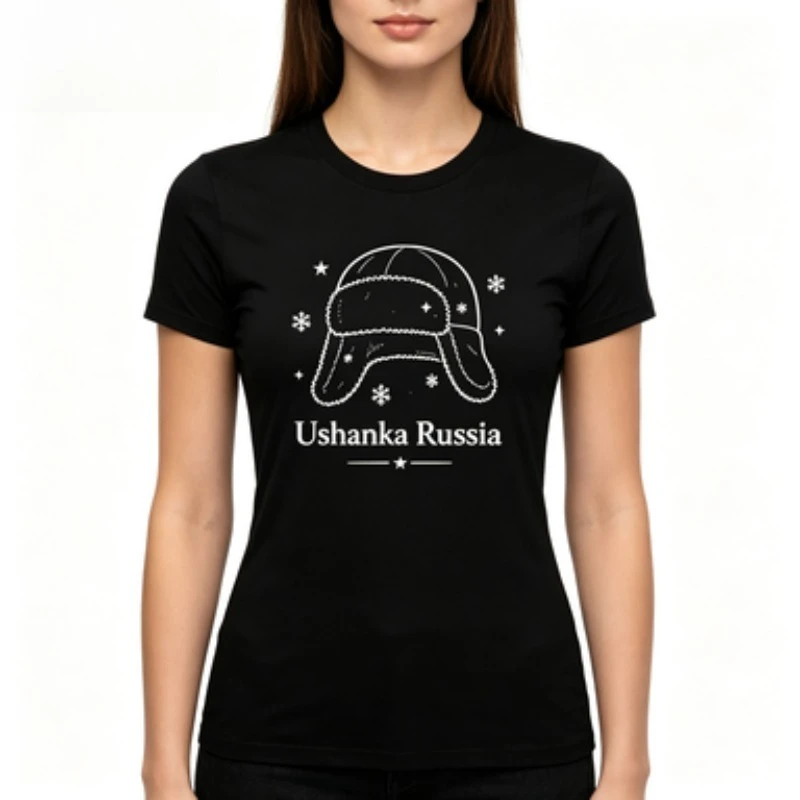 Women Casual Cotton Slim Crew Neck T‑Shirt Russia Ushanka Hat Snowflake Retro Culture Print Short Sleeve Tee