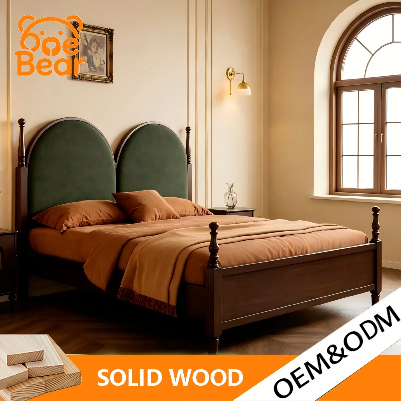 French Vintage Post Solid Wood Double Bed Curved Upholstered Headboard for Vacation Rental Apartment Master Bedroom Decor