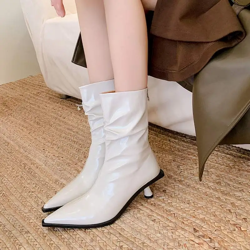 Krazing Pot Stretch Fabric High Heels Elastic Boots Pointed Toe Casual Winter Fall Brand Office Lady Runway Women Mid-calf Boots