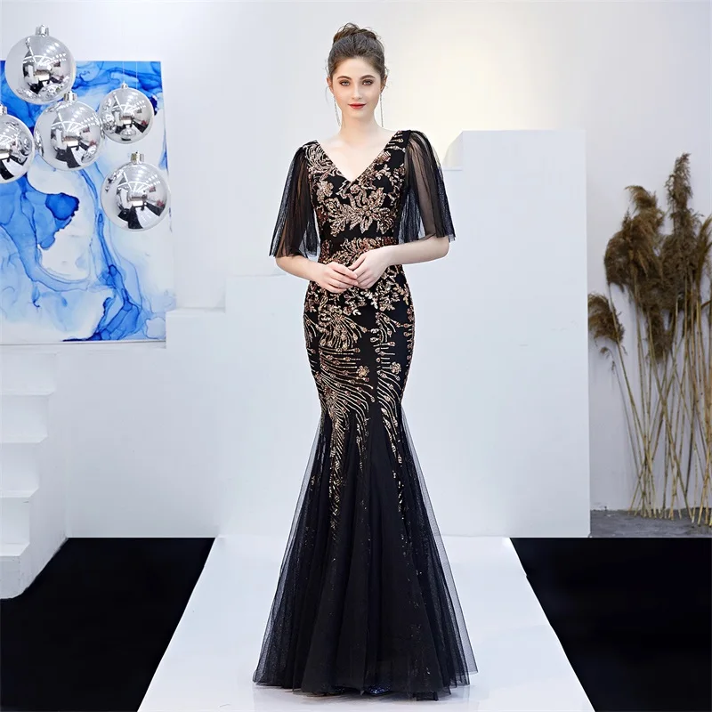 

Simple Luxurious Black Gold Evening Gown Sequin Embroidery Long Prom Dress Lace Slim Fit Buttocks Wrapped Fishtail Party Robes