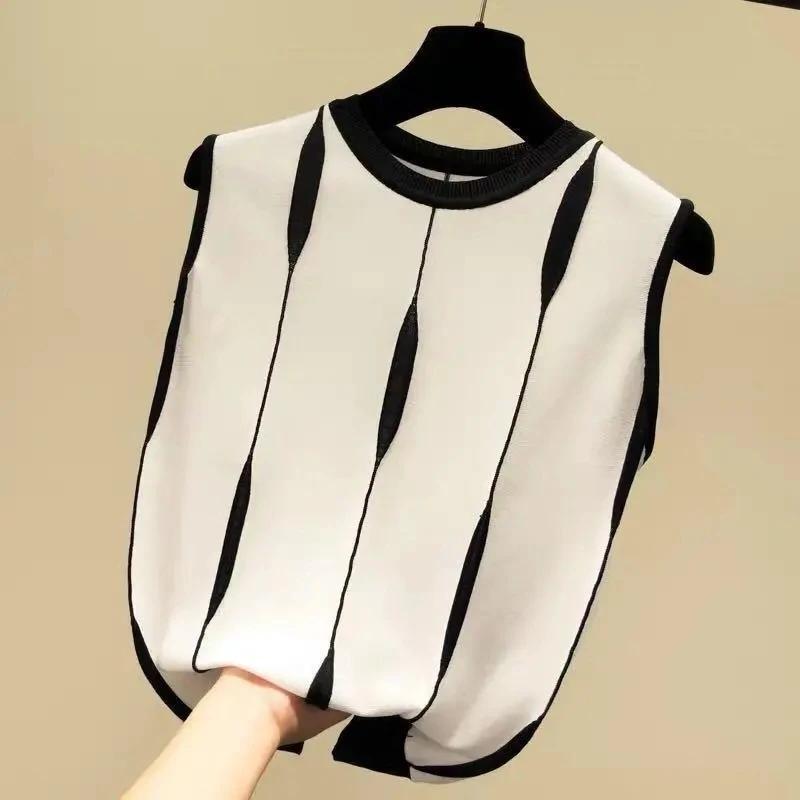 Striped Vintage Chic O-Neck Knitted Sleeveless Women\'s Vest Korean Fashion Lightweight Summer 2024 Female Clothing Tank Tops