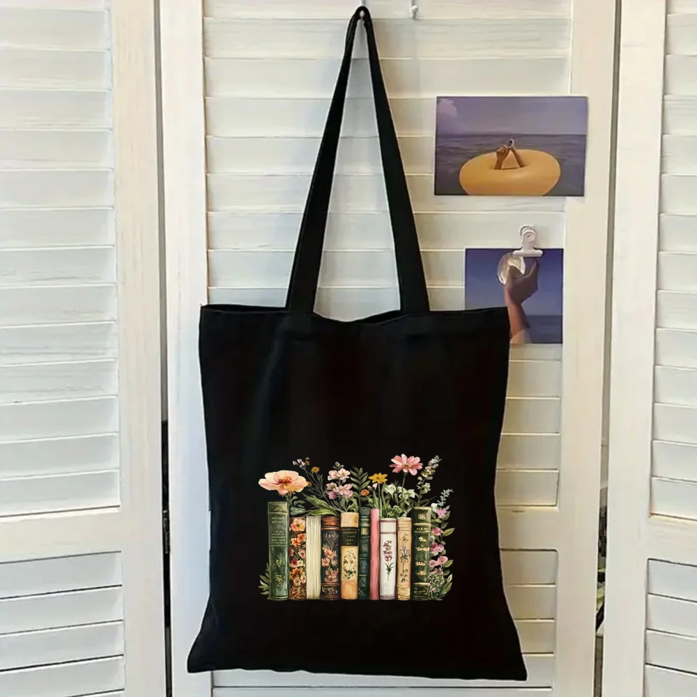 

Book and Flower Print Black Canvas Tote Bag, Literary Bookish Large Capacity Shoulder Bag Bags for Women Handbag