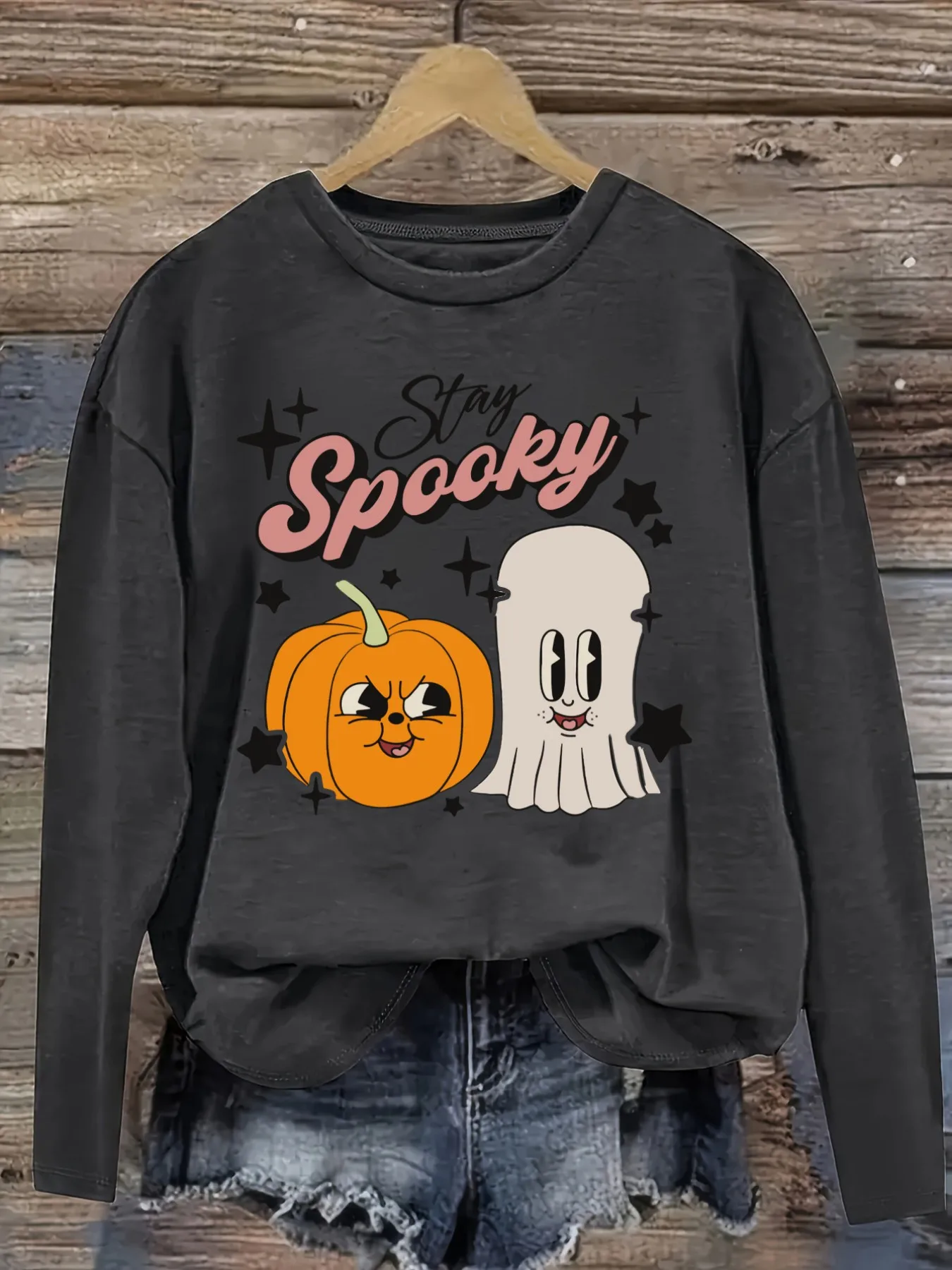 Women's Casual Long Sleeve Crew Neck T-Shirt Stay Spooky Pumpkin Ghost Stars Design, Round Neck Women's Clothing, Machine Washable, Slightly Elastic, Loose Fit, Spring Autumn Winter Women's T-Shirt, Halloween Costume Outfit view 2