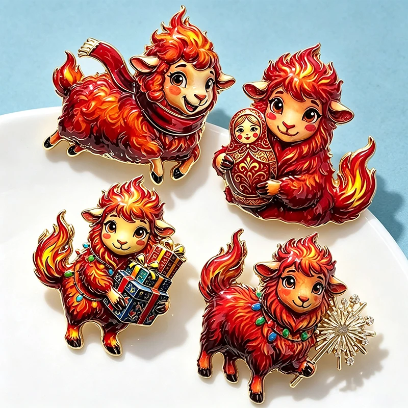 Wuli&baby Cute Red Sheep Brooches For Women Men 4-design Happy Taking Gift Box Firework Goat Animal Brooch Pins New Year Gifts