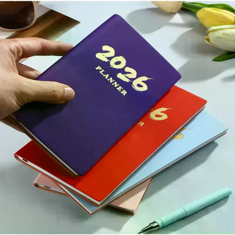 A6 Specification 2026 English Calendar Book, 64 Sheets 128 Page Leather Calendar Book, 365 Day Daily Plan Book