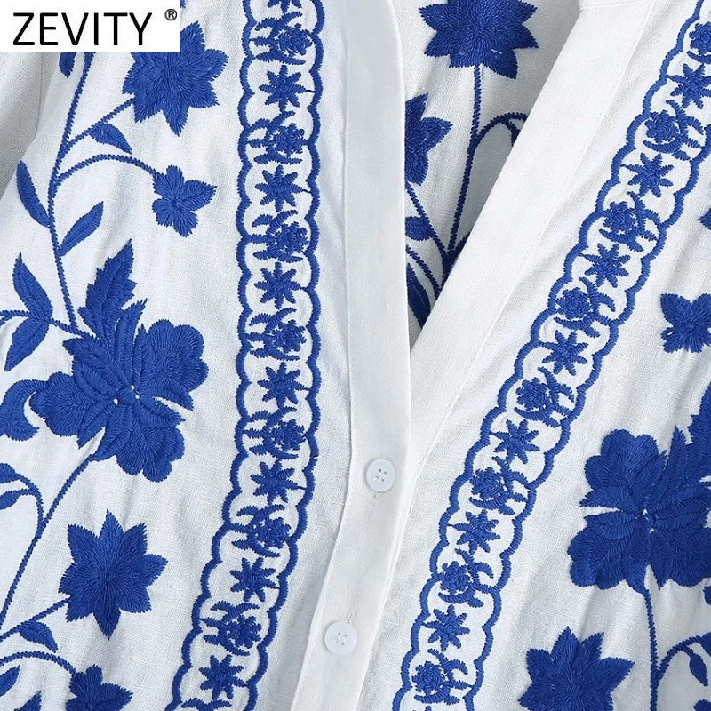 Zevity Women Vintage V Neck Blue and White Porcelain Embroidery Shirts Female Long Sleeve Kimono Blouse Roupas Chic Tops LS9193