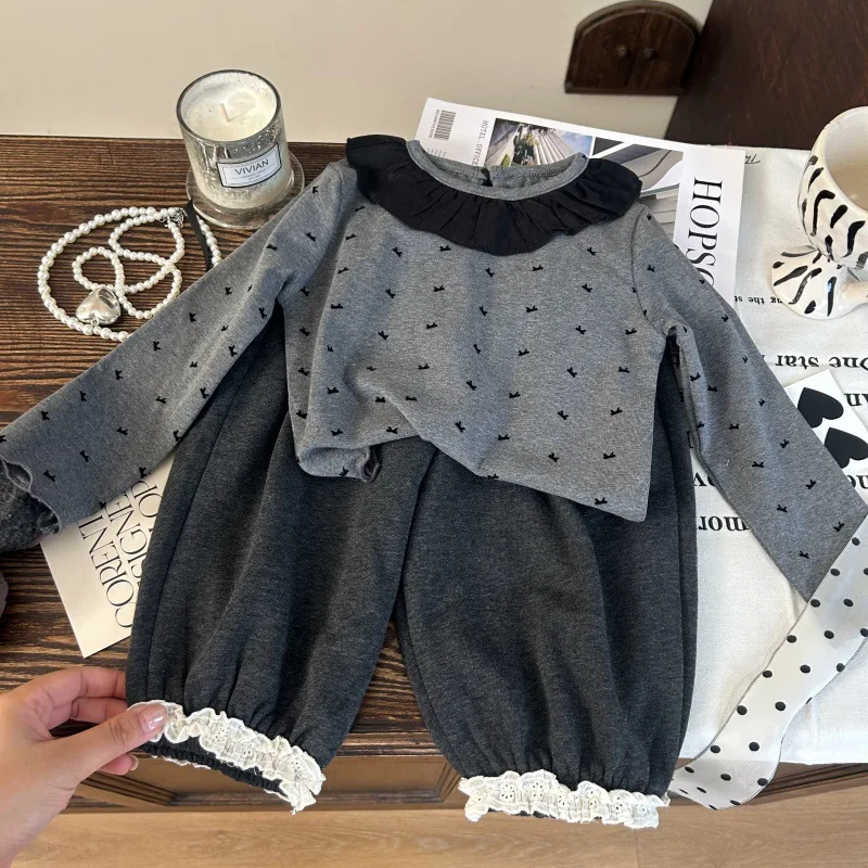

2-8Y Baby Girls 2PCS Autumn Bow Toddler Kids Girls Shirt 2025 Ins Casual Lace Trim Elastic Waist Children Girls Harem Pants
