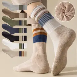 4 Pairs Of Men's Vintage Striped Crew Socks, Thermal Breathable Comfy Socks For Men's Wearing, Autumn & Winter