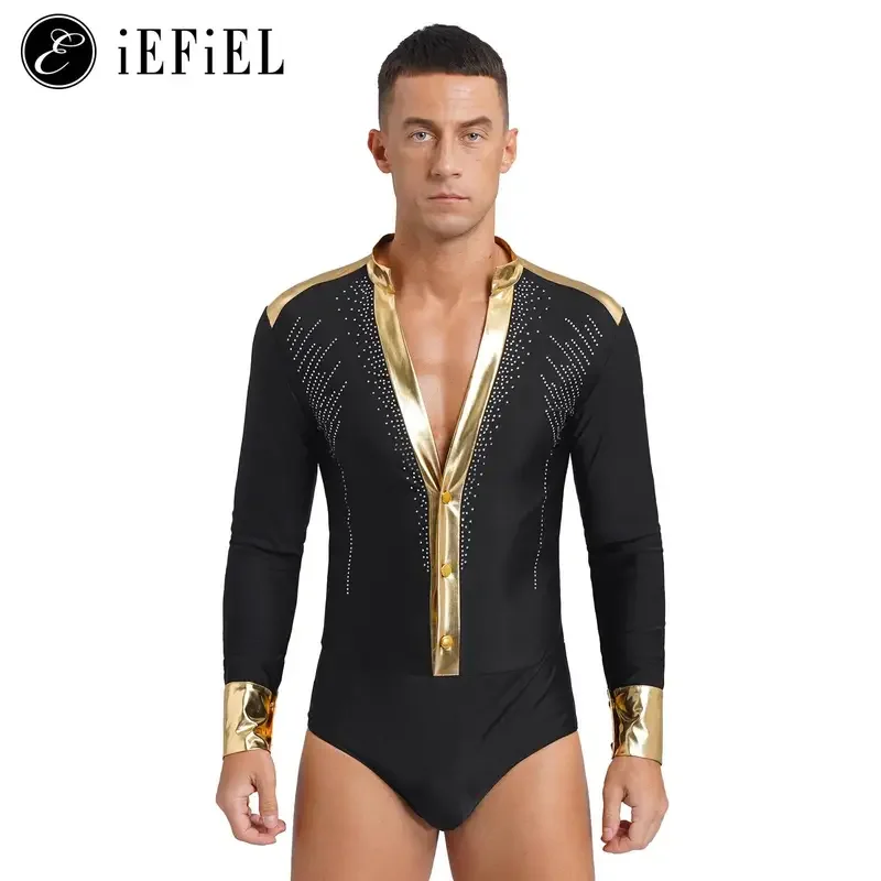 RT01 Mens Shiny Gold Trim Scollo a V Body da ballo latino Camicie Manica lunga Tuxedo Body Modern Jazz Chacha Rumba Sala da ballo C&Gf1