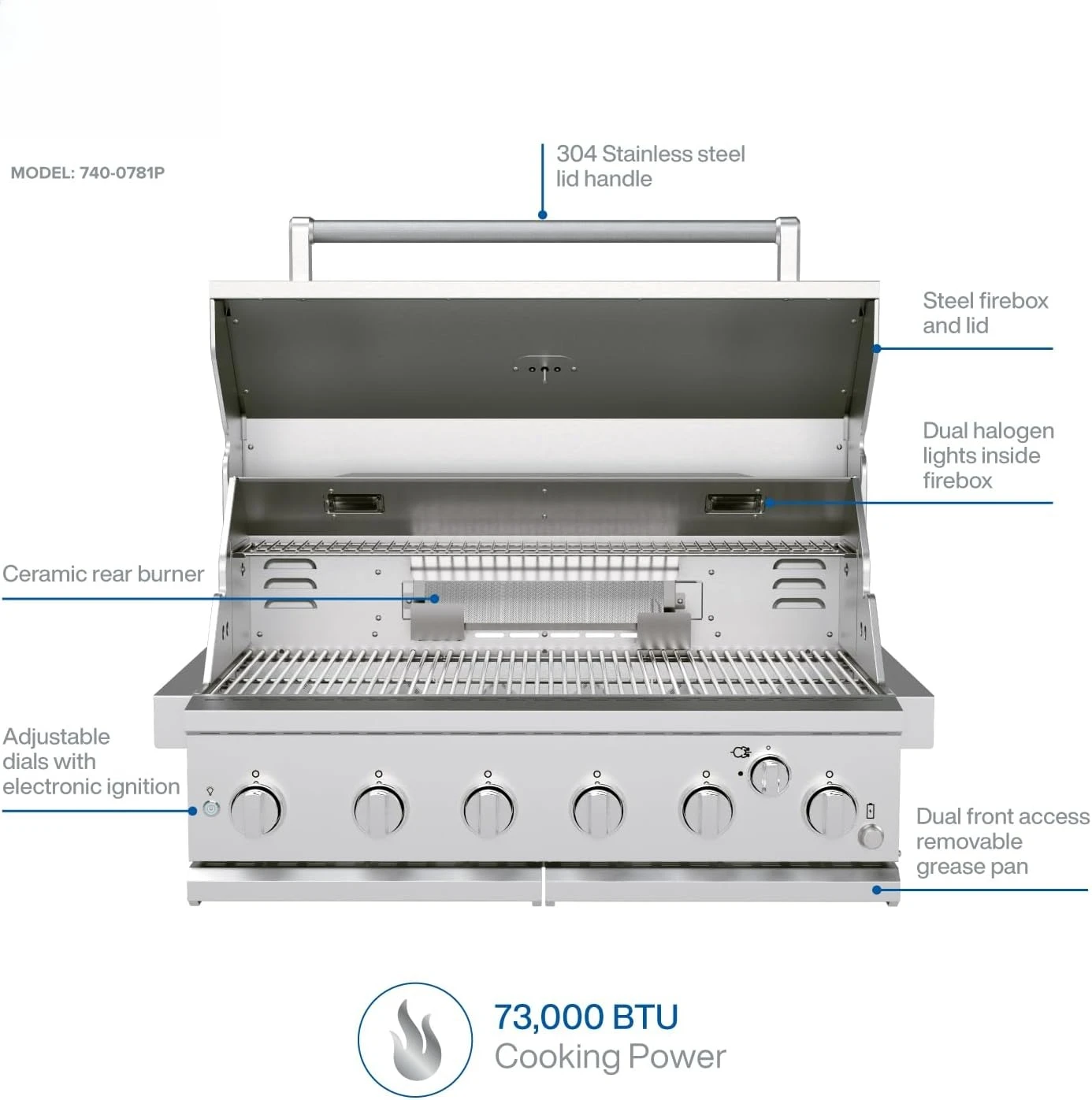 

Premium 6 Burner Built In Gas Grill Island Head, Stainless Steel 36 Inch Propane Grill with Rear Burner, 73,000 BTUs