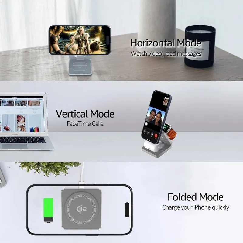 Cargador inalámbrico magnético plegable Qi2 3 en 1, estación de carga rápida de aleación de aluminio, adecuado para Phone Pro/Max/Plus y Watch