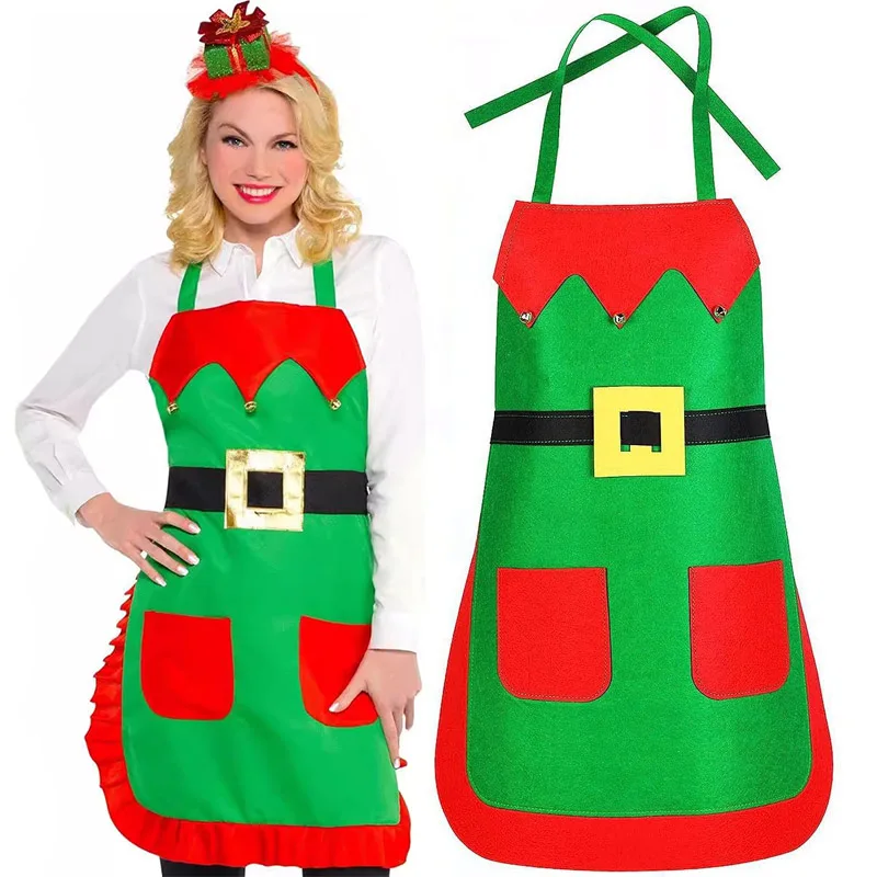 Adult Women Elf Apron Kitchen Cooking Santa Claus Apron for Kids Girls Christmas Fancy Dress Role Play