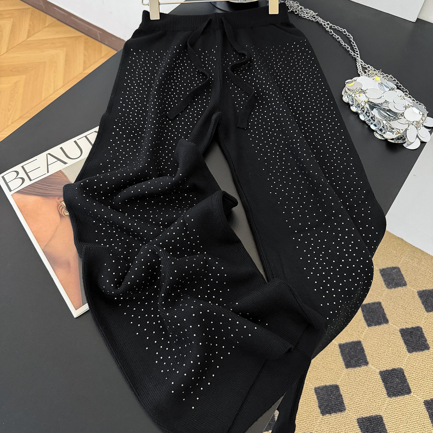 

Осень-зима, вязаные брюки со стразами для женщин, американские повседневные модные однотонные прямые брюки с завязками и блестками