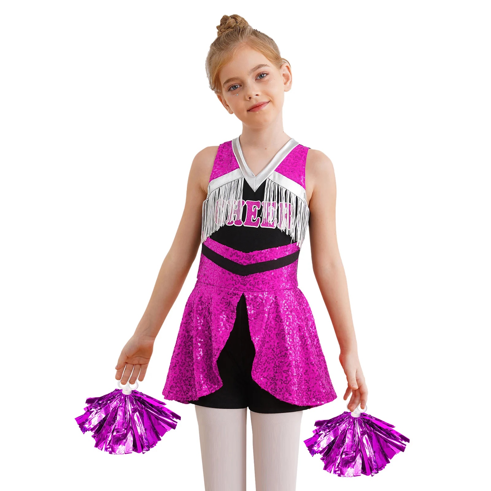 

Униформа черлидинга с блестящими пайетками и кисточками для девочек, карнавальный костюм на Хэллоуин, костюм болельщика, танцевальный комбинезон
