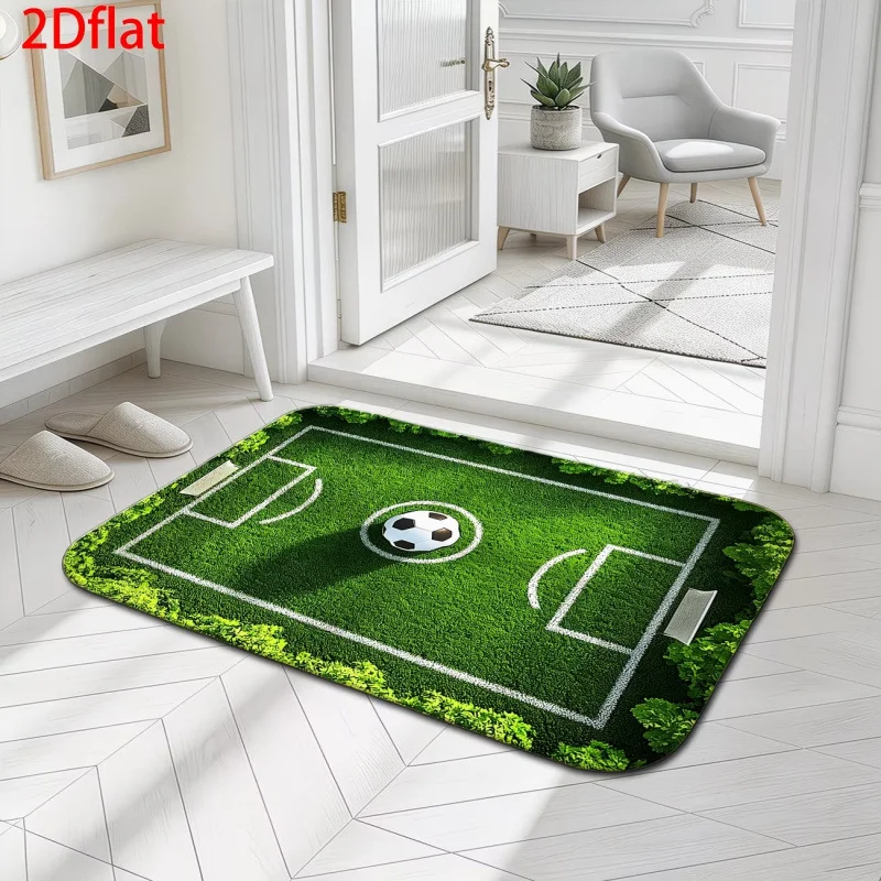 VIKAMA Soccer Field Pitch Line Entrance Rug Green Non Slip Washable Durable Hallway Floor Mat Sports Fan Home Gift Decor