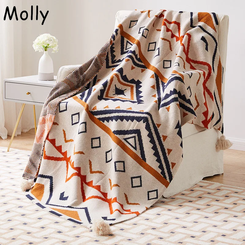 Geometric Pattern with Tassel Boho Blanket Knitted Throw Blankets for Couch Bed Sofa Car Office Camping Air Conditioning Blanket