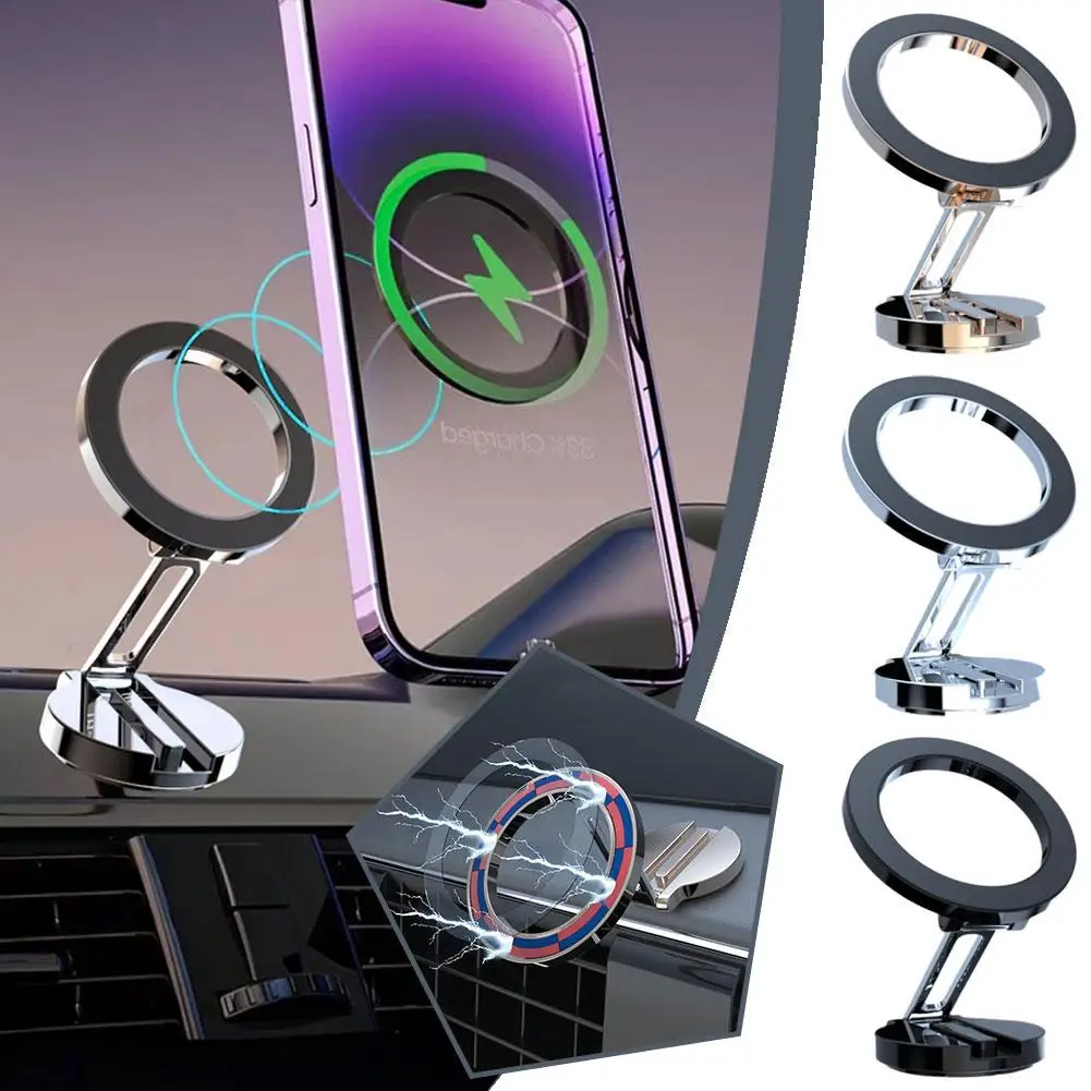 Folding Phone Holder Alloy Magnetic Car Stand For Magsafe Folding Mobile Phone Stand 360 Degrees Rotating Dashboard Guide A5Z0