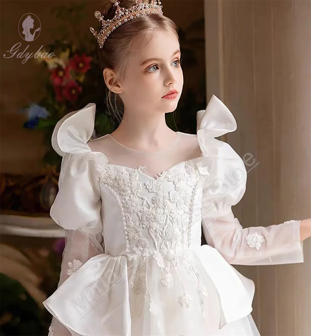 

White Flower Girls Dress Embroidered Pearl Tulle Princess Children Birthday Wedding Party First Communion Prom Dress