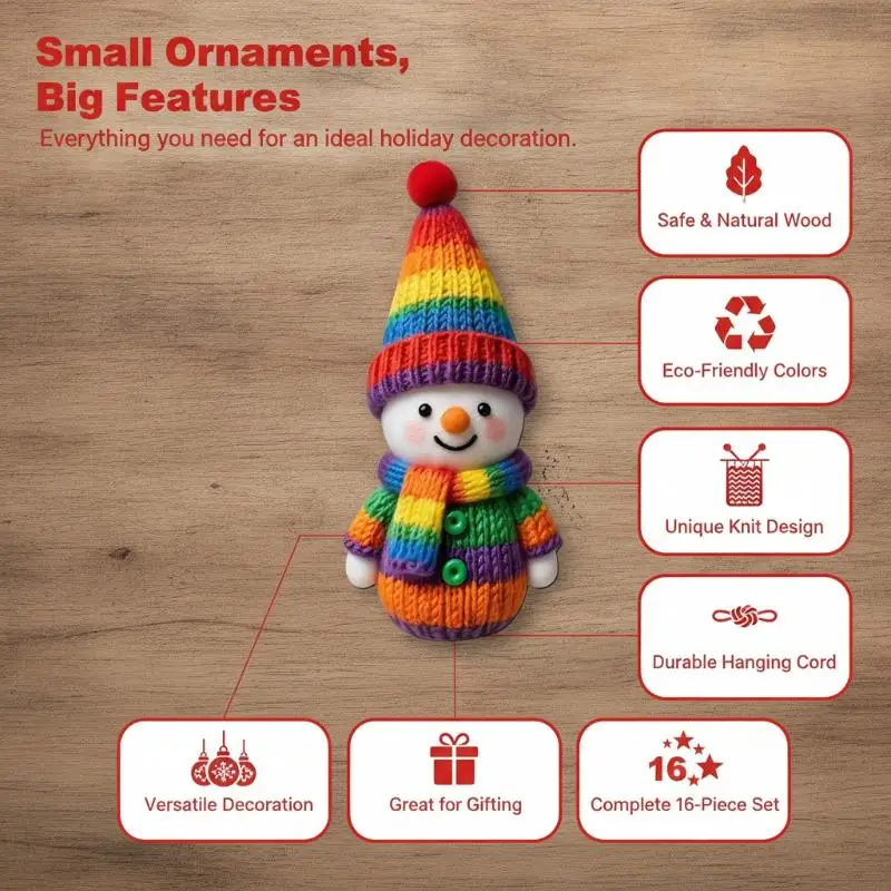 Colorful Knit Style Wooden Snowman Pendants 1 /16 /32Pcs 2D Flat Hanging Ornaments For Xmas Tree Holiday Decor Supplies