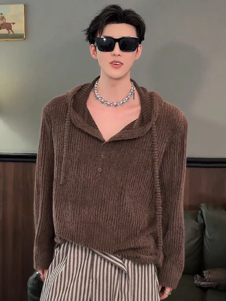 

Мужской свободный вязаный свитер-худи на пуговицах из полиэстера с длинными рукавами для ранней осени, повседневный, удобный трикотаж