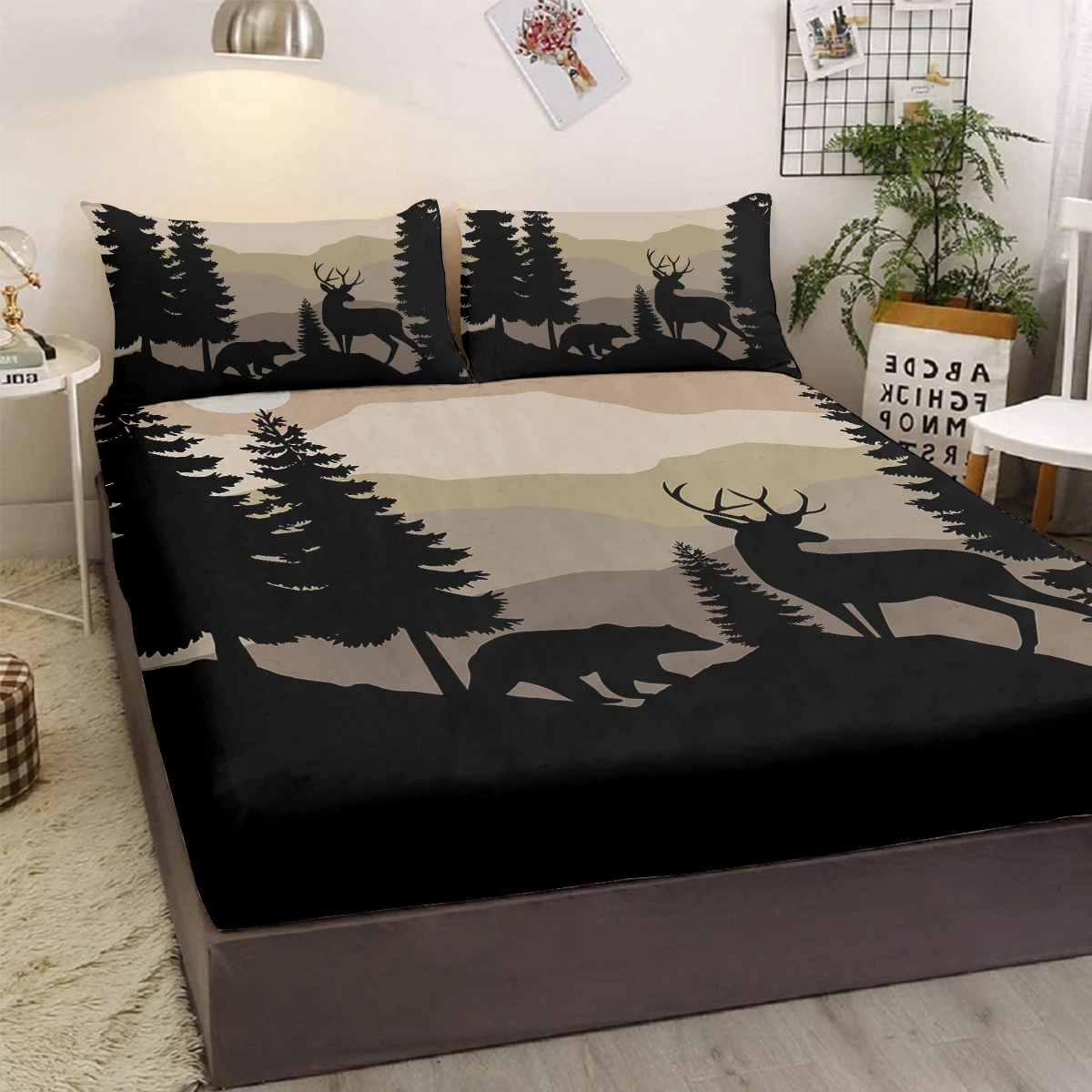 Black Bear and Deer Forest Fitted Sheet Deep Pocket Lightweight Bedding Set 2 Pillowcases 3 Piece