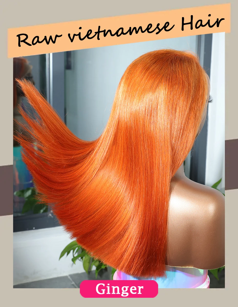 Orange Ginger 13x4 Lace Frontal Bob Perücken 100% Echthaar Doppelt gezogen Knochenglatte gefärbte Perücken Echte 250 Dichte Rohes vietnamesisches Haar – Detail 1
