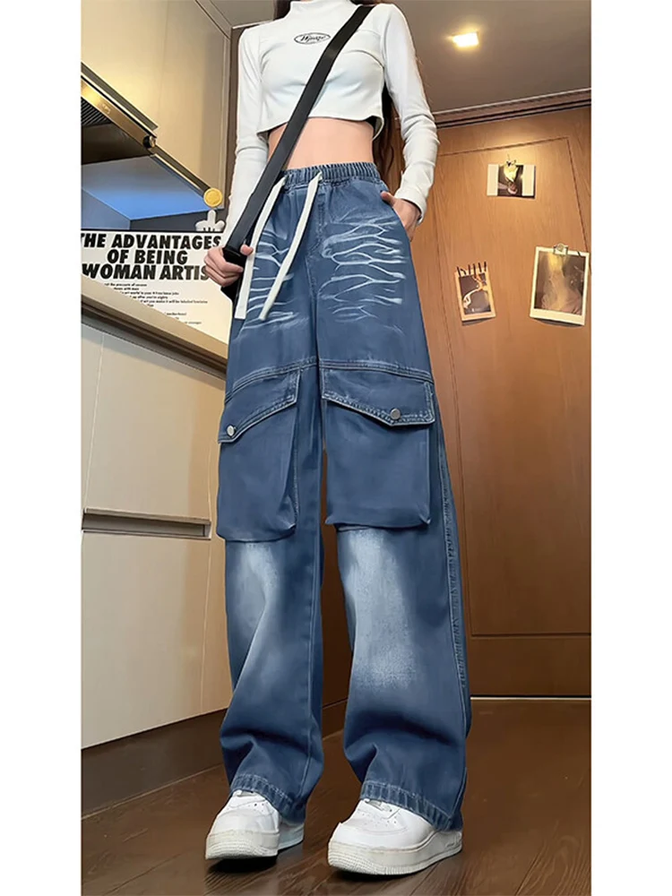 

American Sle Cleanfit Men's Jeans Spring Autumn Loose Straight Leg Bell Bot with Big kets Workwear Denim Pants