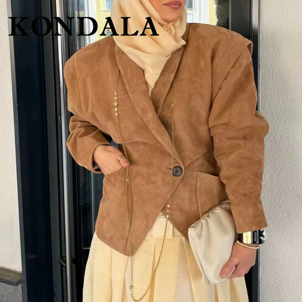 

KONDALA винтажный женский пиджак цвета хаки, замшевая ткань, осень 2023, офисная женская одежда на одной пуговице, шикарная уличная одежда, прямая женская верхняя одежда