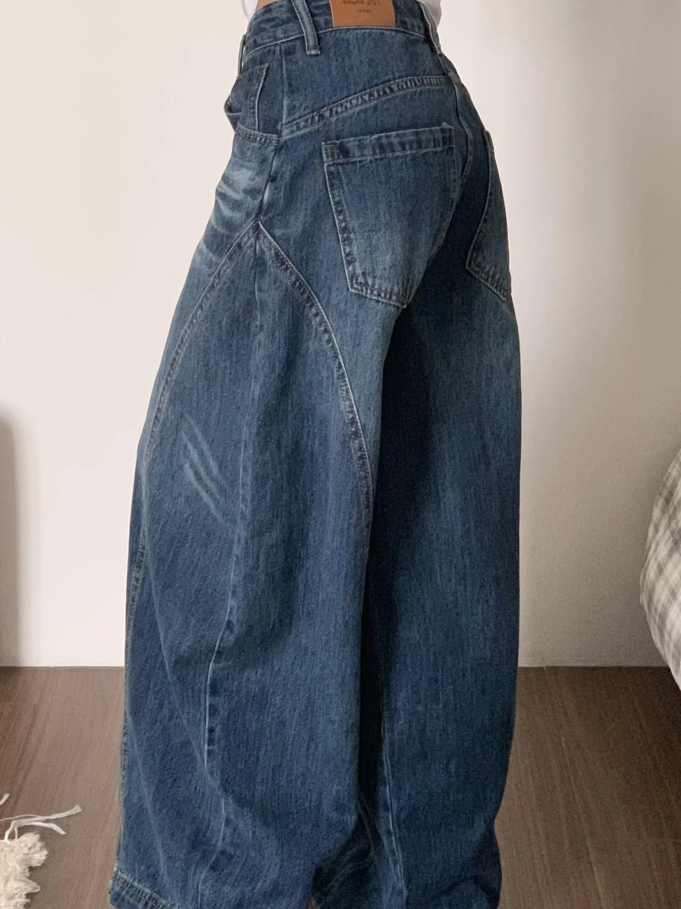 High Waist Wide Leg American Retro Washed Knife  Jeans Women's Loose Floor Length Autumn New Style Denim Pants for plus Size