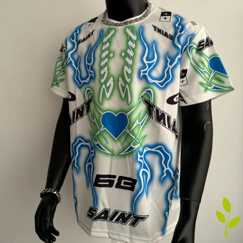 

Retro Racing Style Saint T-Shirt Men Women Best Quality Oversized Cotton Tee Tops Vintage Washed Graphics Mesh Jersey T Shirt