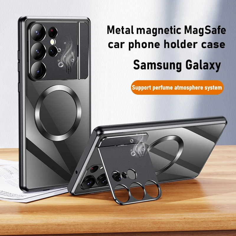 

Чехол для Samsung Galaxy S23 S22 S21 ультра из металлического алюминиевого сплава Магнитный Magsafe Автомобильный держатель для телефона Духи защитная задняя крышка