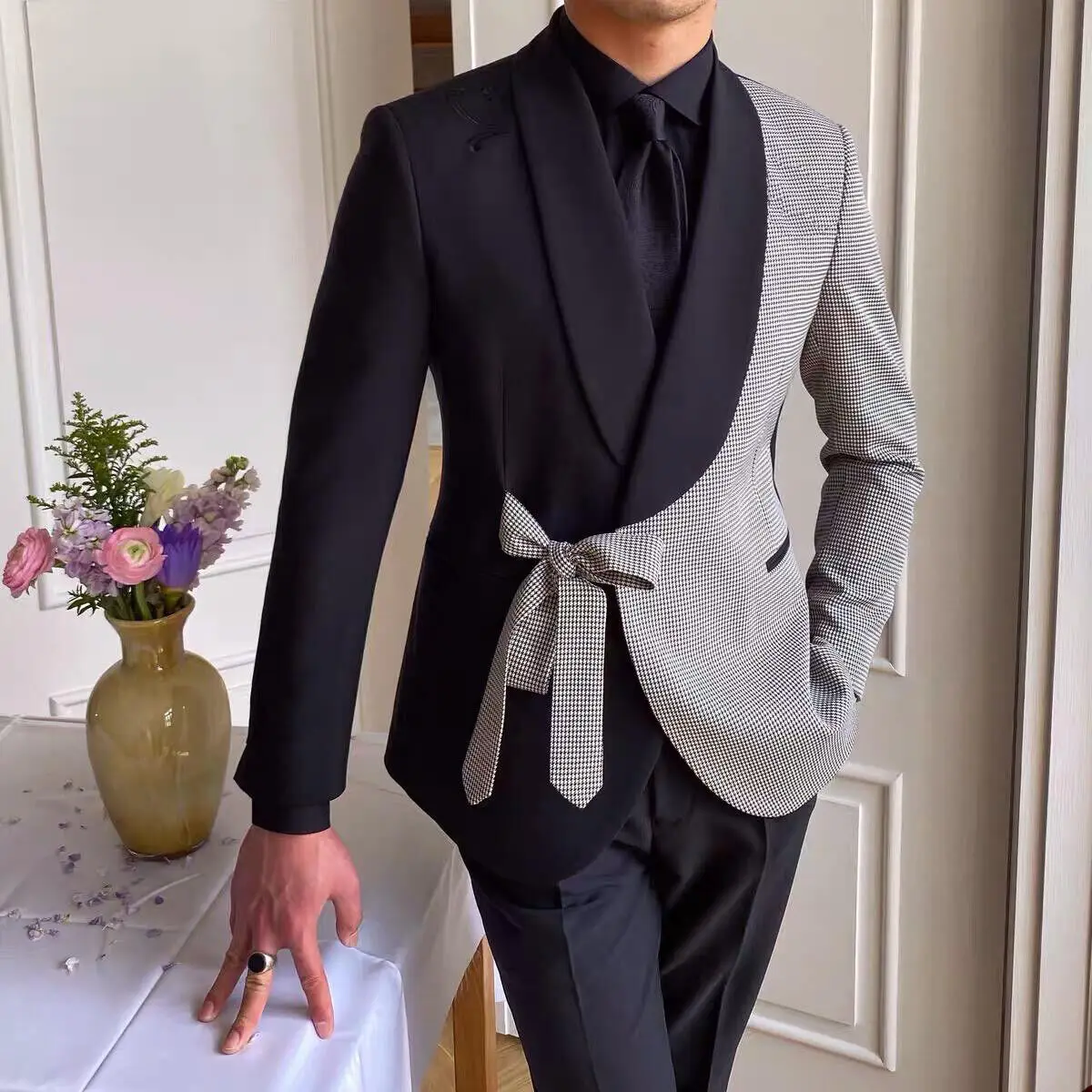 Men's Splicing Color Black Gray Suit with Belt Shawl Collar Costume Homme Slim Jacket Pant 2 Pieces