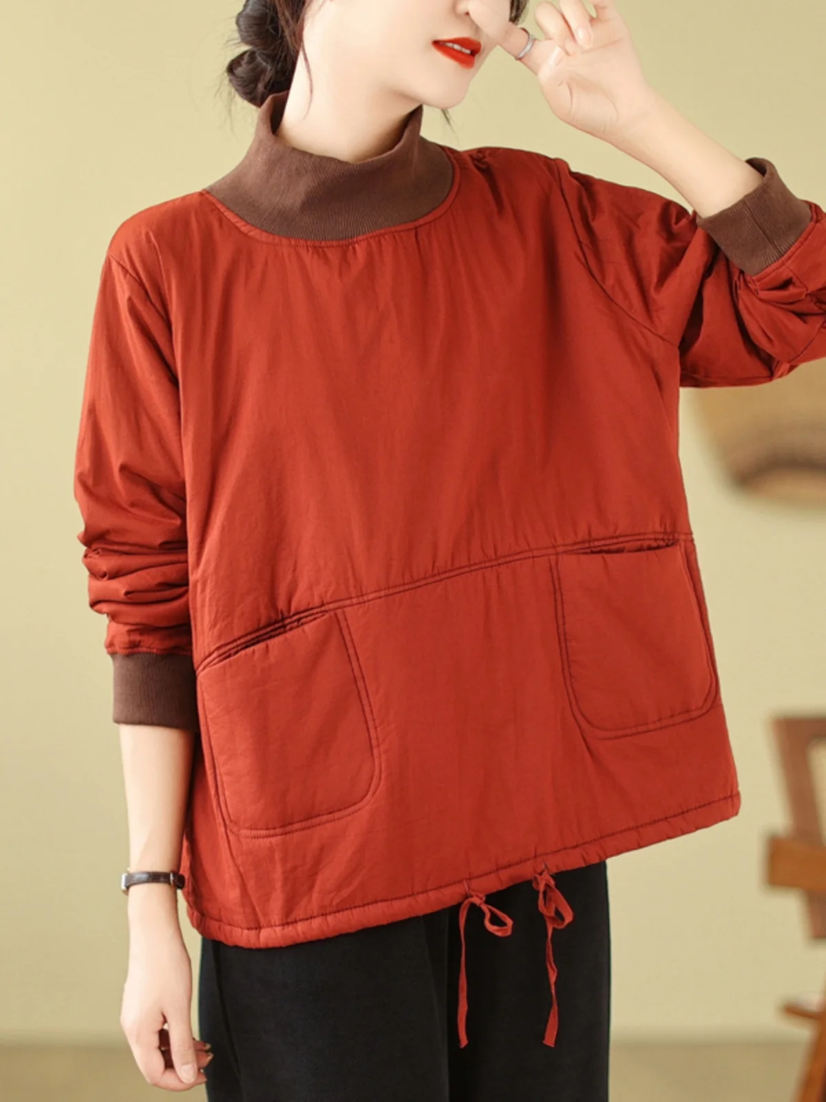 

Retro Cotton Filled Sweatirt Women's Loose Thiened f High Collar Autumn Winter Inner Wear Base irt Slimming Top