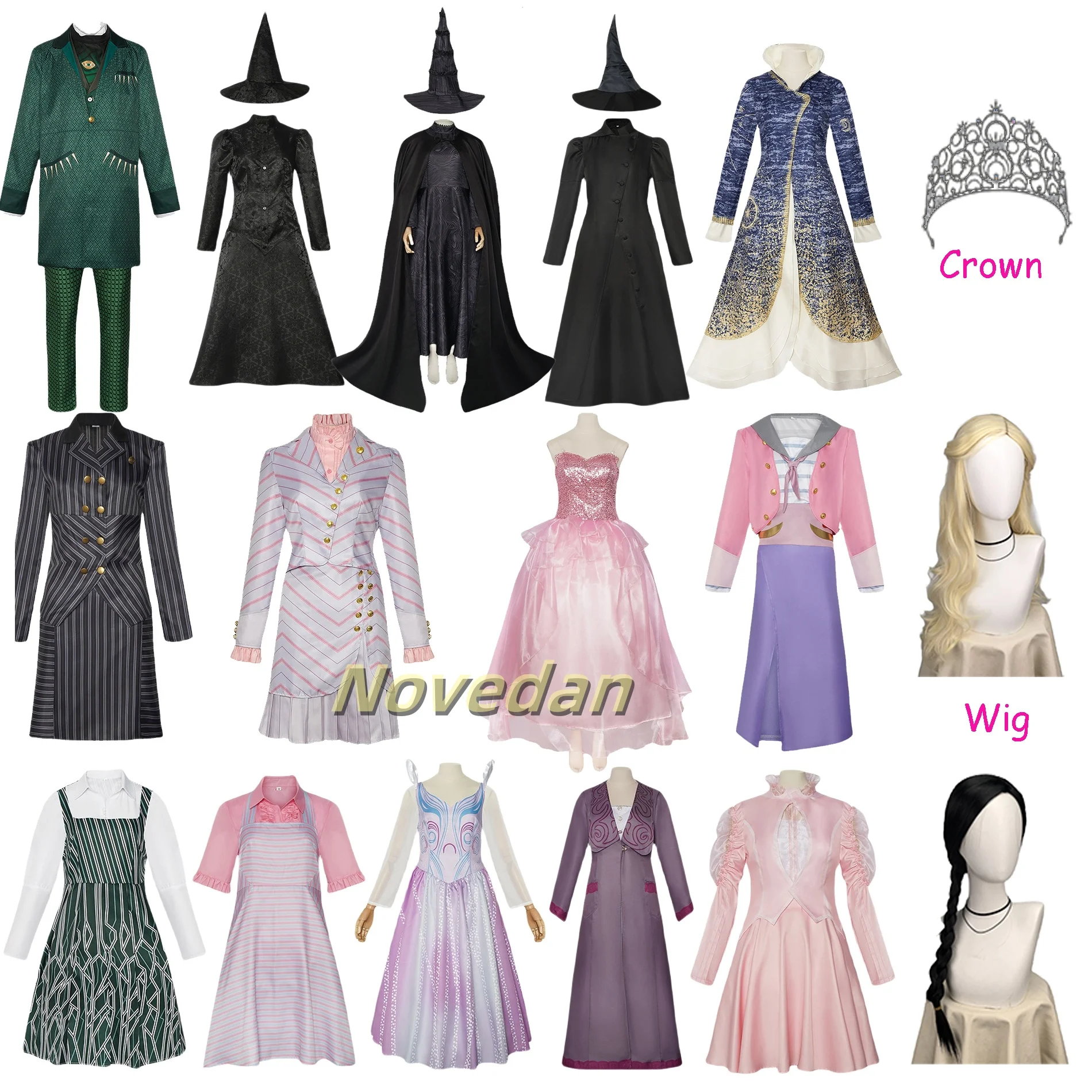 Wicked Cosplay Witch Costume Glinda Elphaba Fiyero Nessarose Clothes Gothic Movie Party Roleplay Suit Black Dress Wig Robe Hat