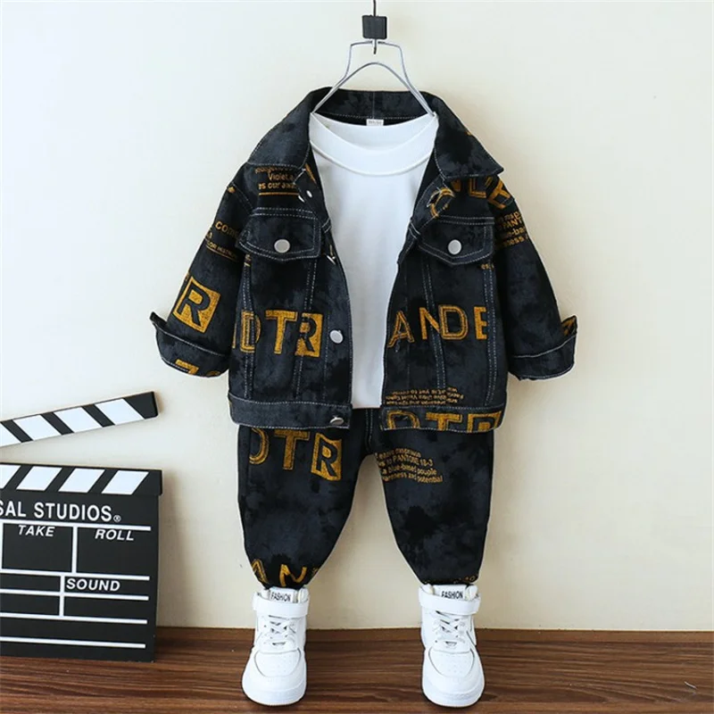 Boys Coat+Pants Kids Suits 2PCS/Set Cotton 2024 Letters Jean Spring Autumn Cotton Outfits Teenagers Sport Christmas Gift Childre