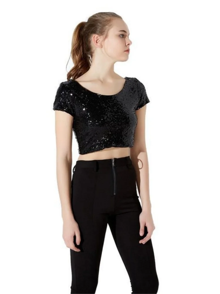 Haut court brillant à manches courtes pour femme, Sexy, couleur unie, col rond, confortable, Vintage, pull de soirée, Streetwear