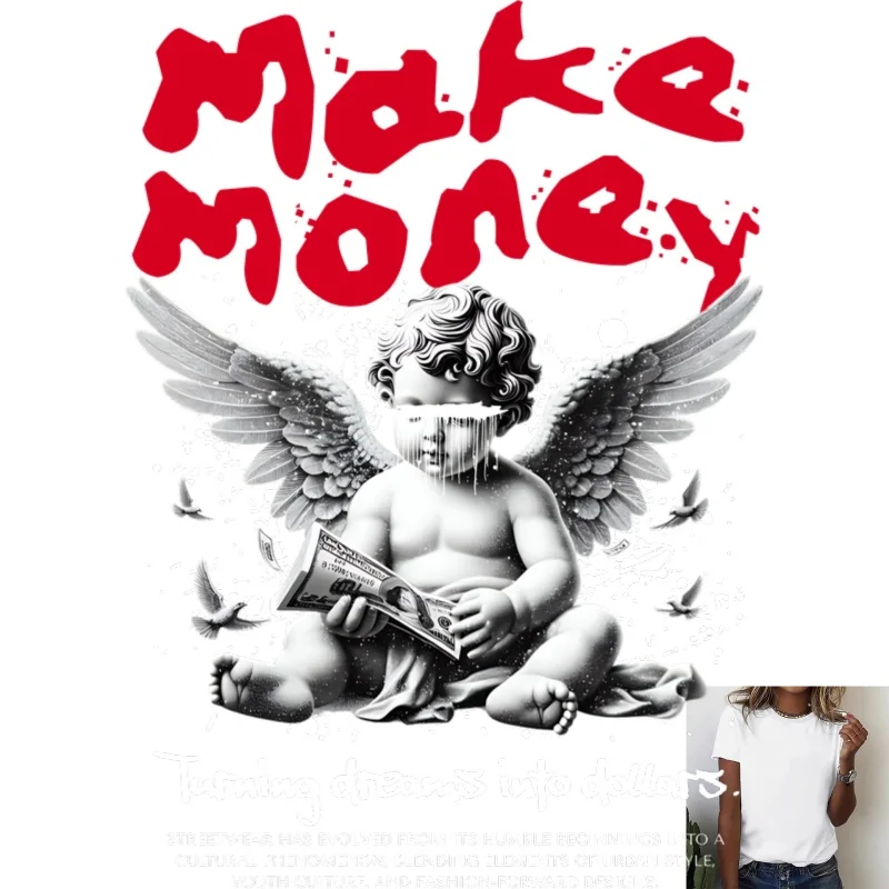 Trendy Make Money Angel & Dollar Graphic Heat Transfer White Ink Iron - on Patch, Suitable for T - Shirts/Canvas Bags, Street