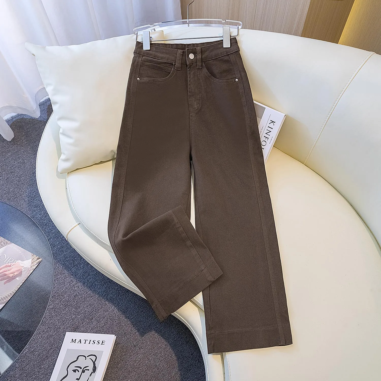 Retro Coffee Color Straight Leg Jeans Women's High Waist Slimming Versatile Nine Point Wide Leg Pants Autumn New Arrival
