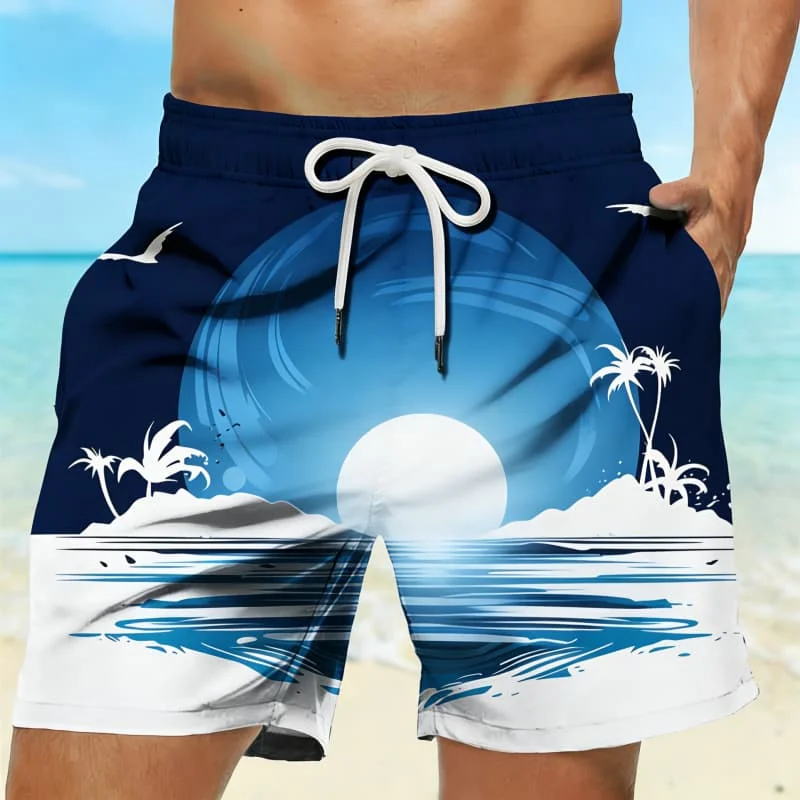

Men's Minimalist Sunset Island Print Beach Shorts, Casual Drawstring Swim Trunks, Suited for Clean & Beach Looks
