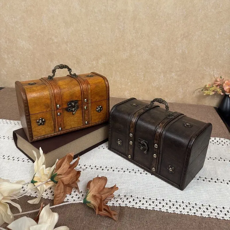 

Винтажная деревянная коробка для хранения косметики, женская портативная запираемая коробка для реквизита, женская металлическая пряжка, украшение, украшение, сундук с сокровищами, шикарный