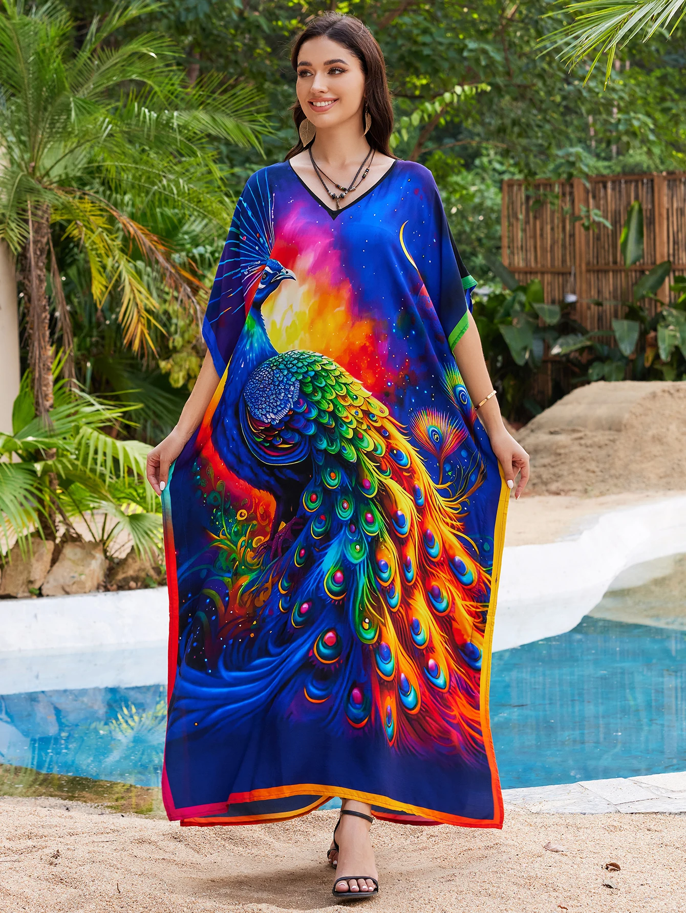 Women Peacock Print Kaftan Maxi Dress, V Neck Loose Batwing Sleeve Side Split Beach Cover Up, Bohemian Long Caftan Robe for Reso