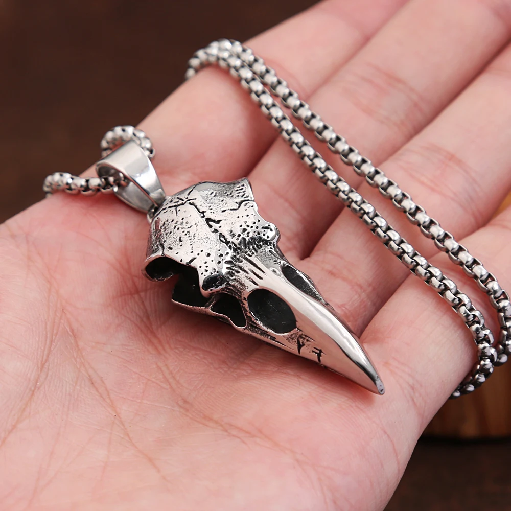 Punk Vintage Viking Crow Head Bird Skull Pendant For Men Stainless Steel Animal Chain Necklaces Fashion Jewelry Gifts Wholesale