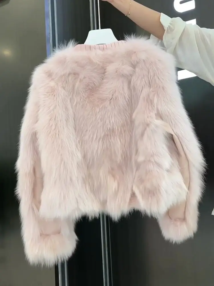 Inverno rosa eco-friendly raposa cabelo feminino curto franjas borda design jaqueta de redução de idade peludo superior jaqueta de pele do falso para senhora