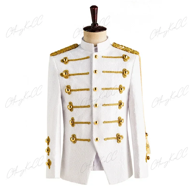 British Style Men\'s Tuxedo Suit Jacket Fashion Sequins Gentlemen\'s Wedding Party Gold Set Show Dress Military Show Dress