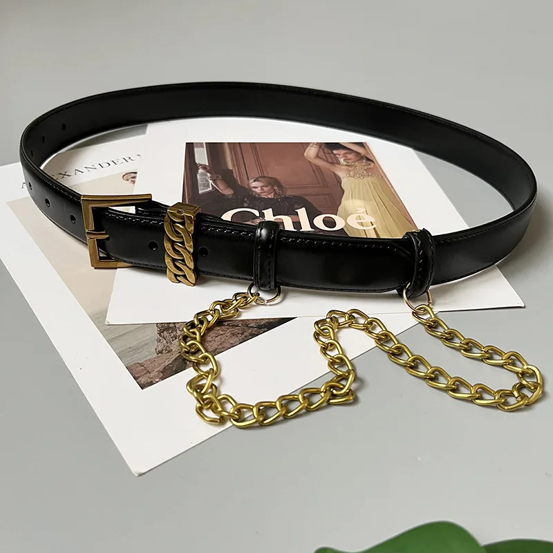 レディースファッション本革ゴールドチェーンウエスト装飾ベルトドレスカジュアルパンツ付き