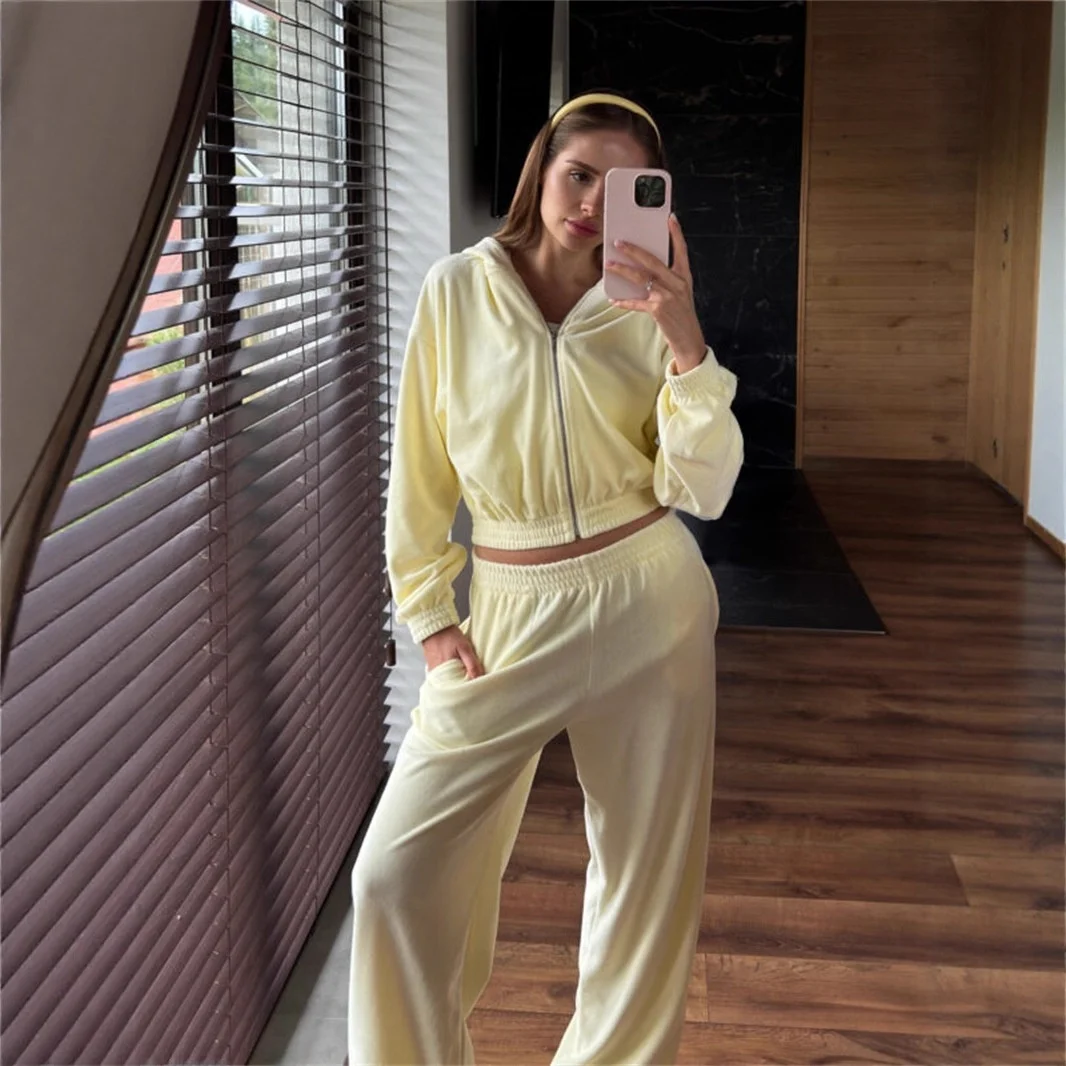 Elegantes Samt-Set für Damen, langärmelig, hohe Taille, weites Bein, Hose, zweiteiliges Outfit, Street-Style, zeitloser Mode, sportlicher Look