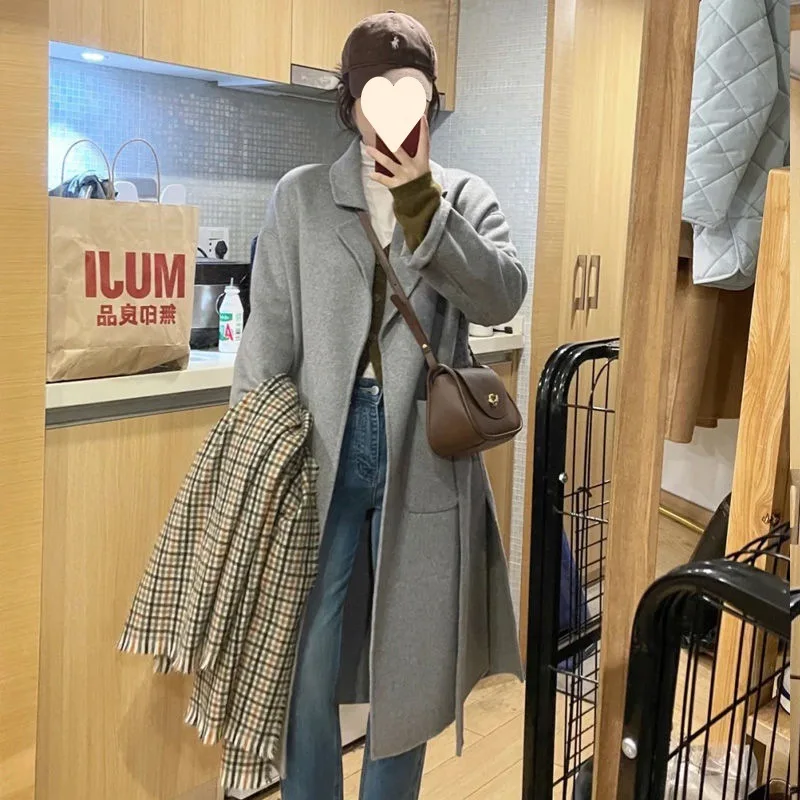 Grey Australian wool hand-sewn double-sided cashmere woolen coat feminine medium and long woolen coat