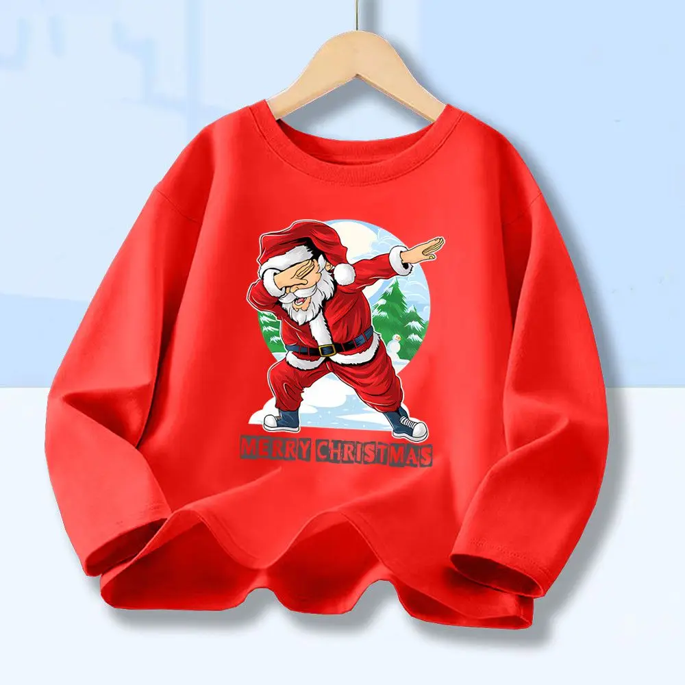 Boys Funny Dabbing Santa Long Sleeve Cotton T‑Shirt Kids Hip‑Hop Merry Christmas Graphic Tee Casual Tops Size 110‑160