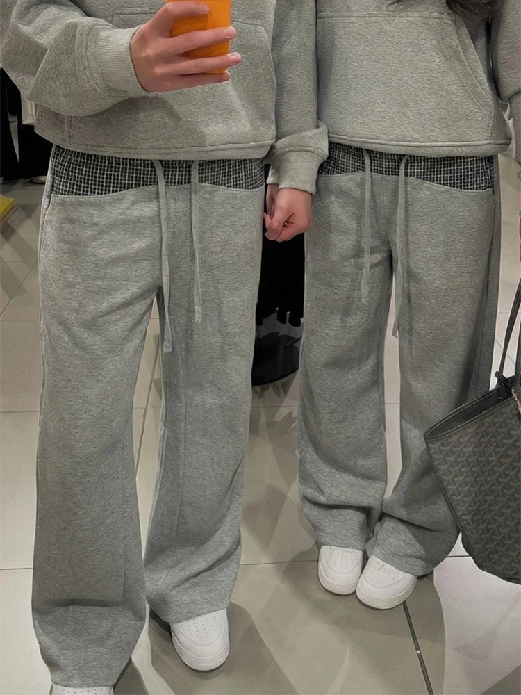 

ey American Plaid Splicing Knife Winter Oversize Haome Wide Leg Pants Design Sense Casual Comfortable Youth Faion