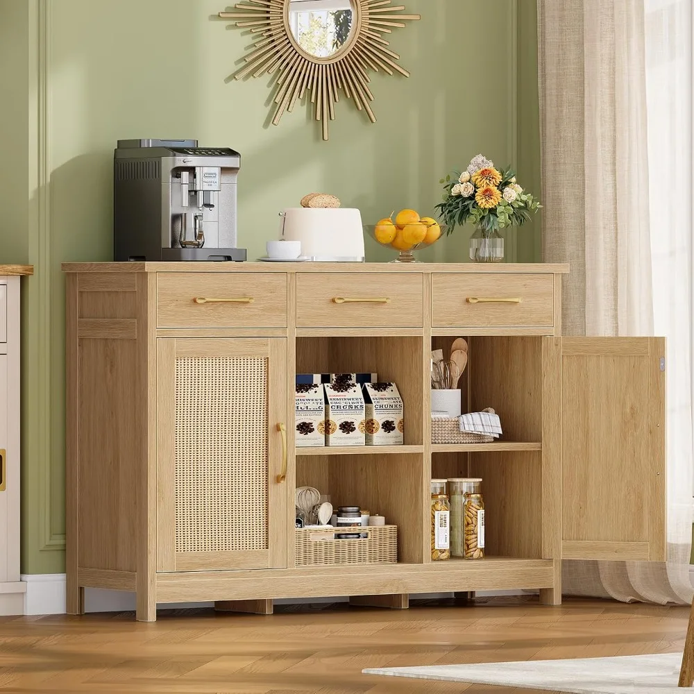 Coffee Bar Cabinet with 3 Drawers, Farmhouse Buffet Cabinet